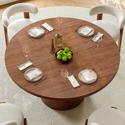 47 Inch round Dining Table for 4, Circle Kitchen Table with Wood Strip Base, Modern Farmhouse Dinner Tables for Kitchen, Living Room (Walnut)
