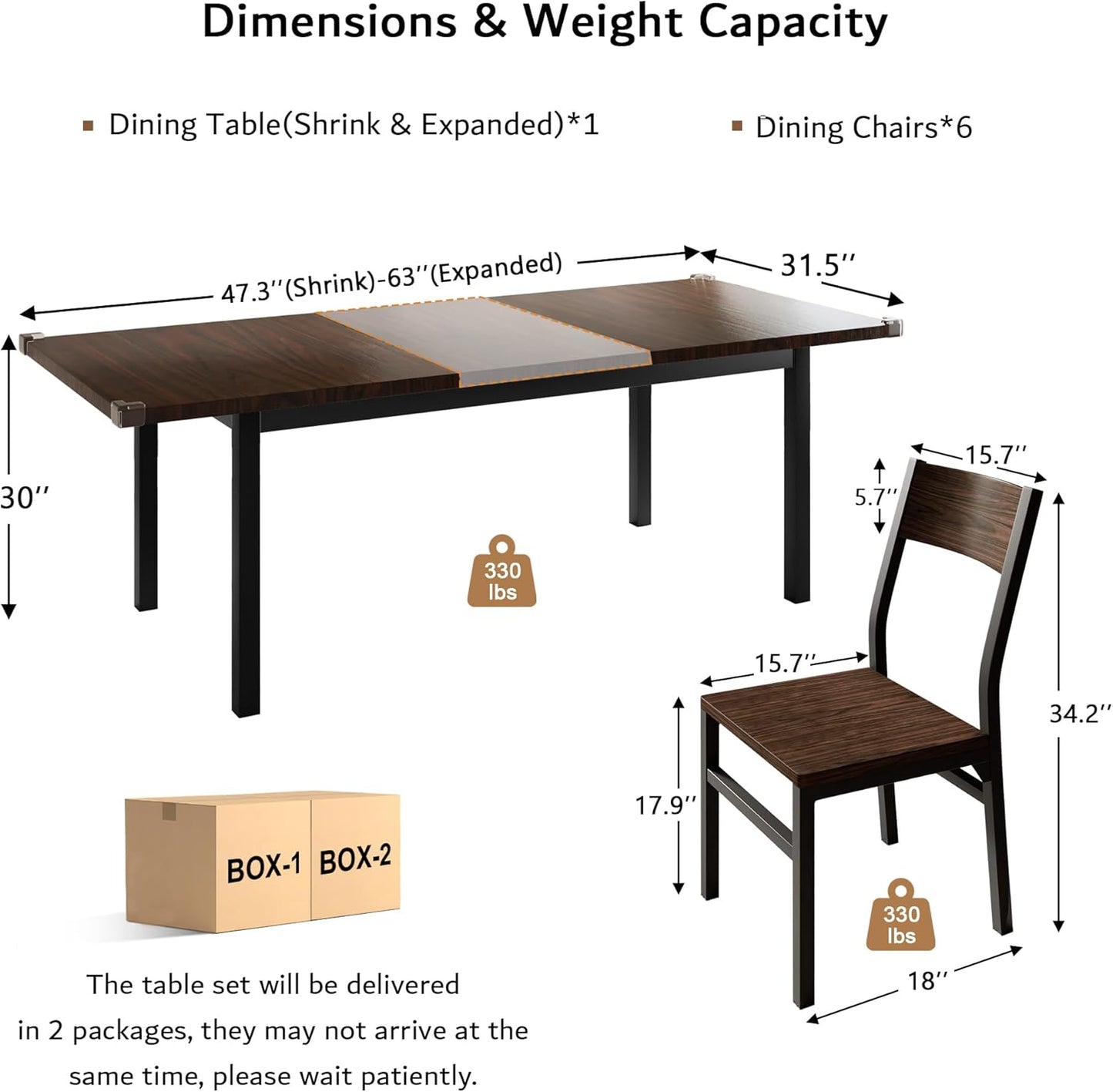 7 Pieces Dining Table & Chairs Set for 4-6, 63" Extendable Kitchen Table and 6 Chairs, Dining Room Table with MDF Board & Metal Frame, Perfect for Small Space, Easy Clean, Espresso
