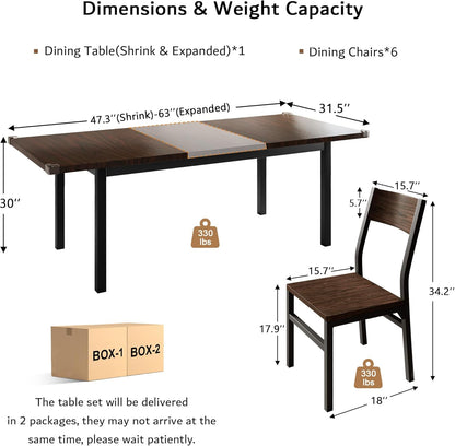 7 Pieces Dining Table & Chairs Set for 4-6, 63" Extendable Kitchen Table and 6 Chairs, Dining Room Table with MDF Board & Metal Frame, Perfect for Small Space, Easy Clean, Espresso