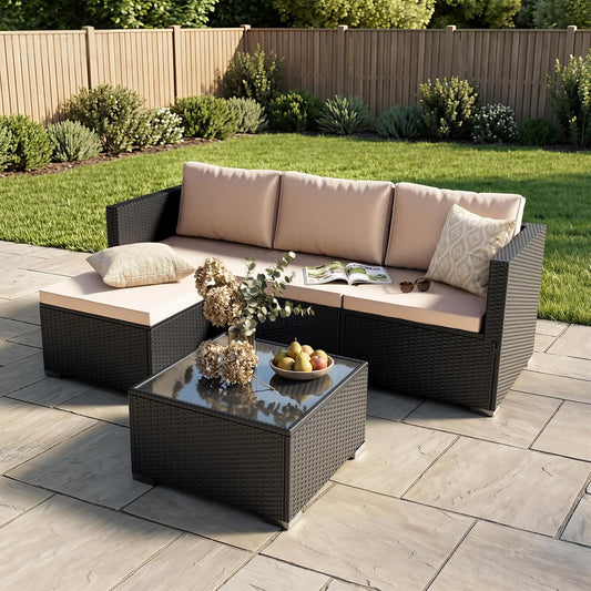 Patio Furniture Set - All-Weather -5 Piece Outdoor Patio Conversation Couch Sets, Modular Wicker Rattan Sectional Sofa for Garden, Patio, Poolside, Backyard, Balcony, Porch,Khaki