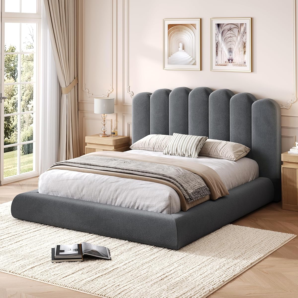 Queen Size Cloud Bed Frame with Wave Headboard, Plush Foam Upholstered Platform