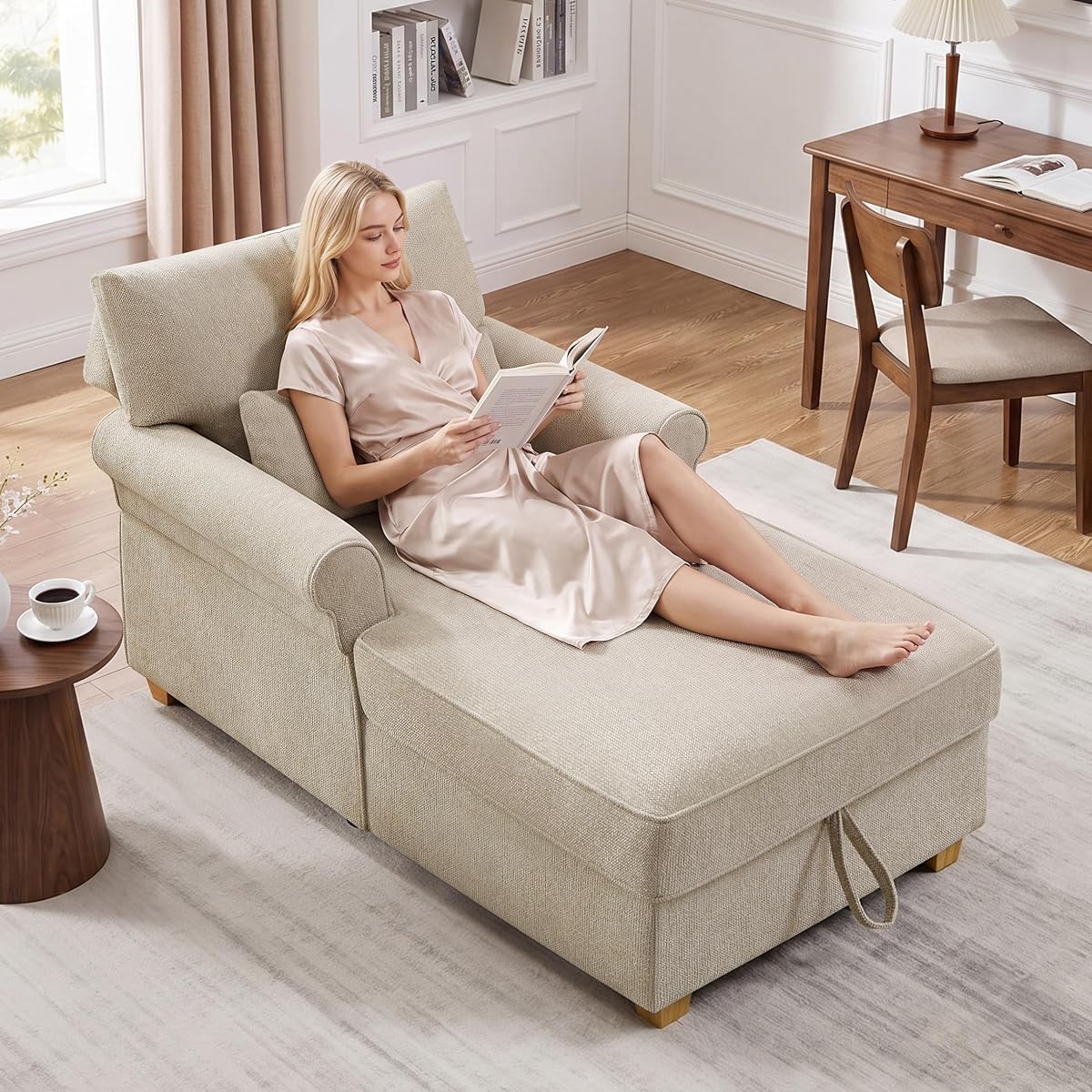 63.39" Oversized Chaise Lounge Chair with Storage, Chenille Beige