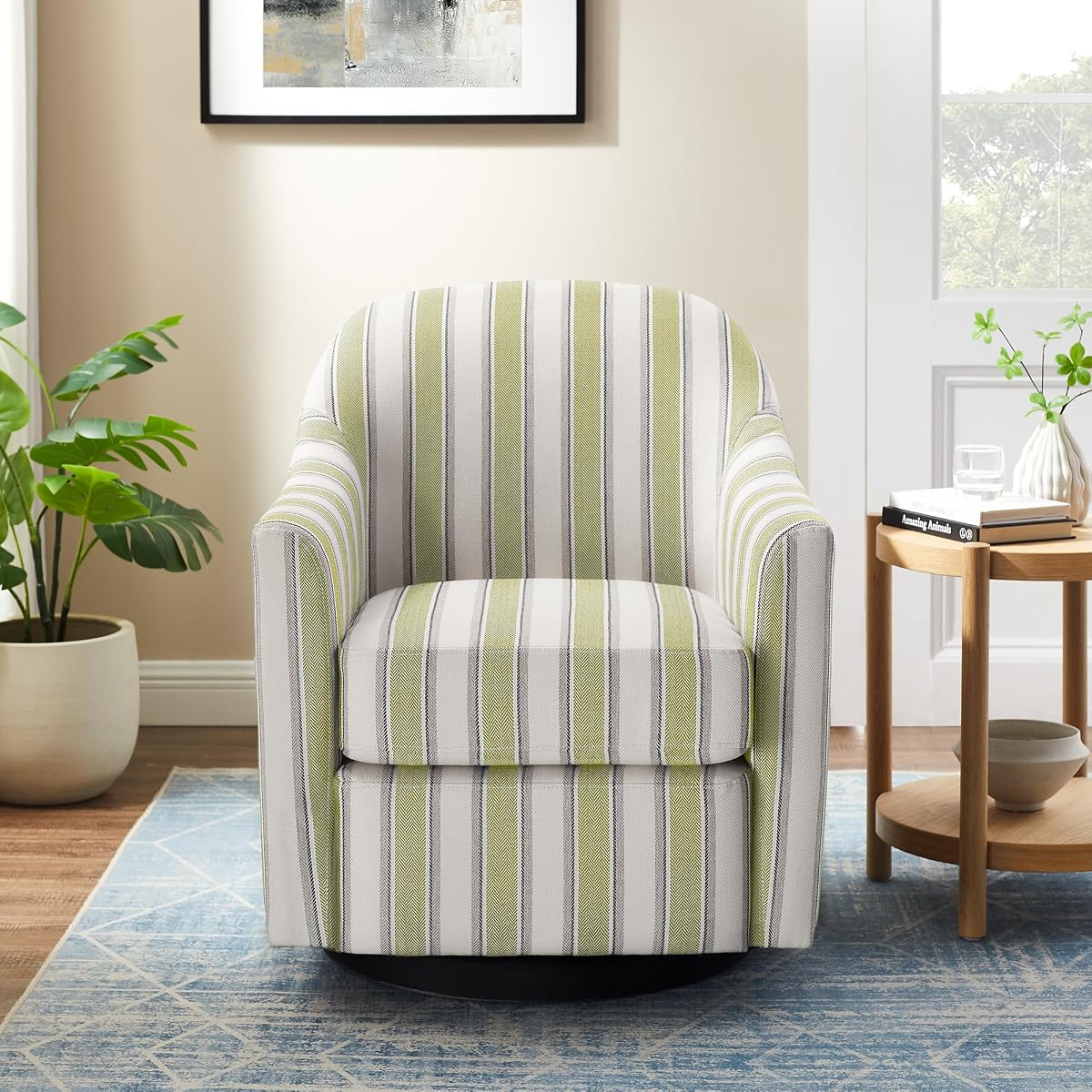 Swivel Accent Chair, Swivel Barrel Chair Modern Upholstered Round Armchair, Comfy Club Reading Chairs for Adults, Reading Accent Chairs for Living Room, Bedroom, Office (Green Stripe)