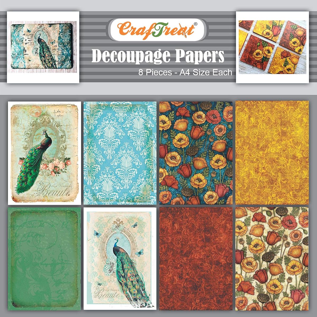 Peacock Decoupage Paper for Crafts - Peacock and Poppy Garden - Size: A4 (8.3 x 11.7 Inch) 8 Pcs - Damask Decoupage Paper for Furniture, Scrapbooking and Wood