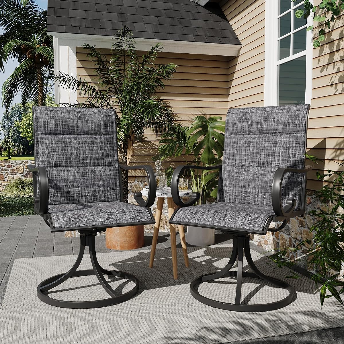 Patio Swivel Chair Set of 2, High Back Padded Textilene Outdoor Dining Chairs with E-Coating Metal Frame, All-Weather Outdoor Furniture Rocker for Backyard, Porch, Garden, Lawn, Grey