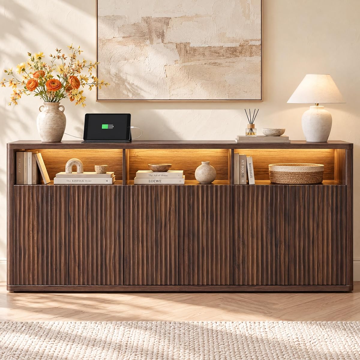 71" Fluted Sideboard Buffet Cabinet with Lights & Outlets, Walnut