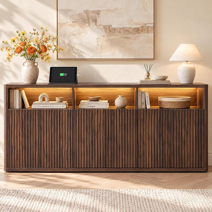 71" Fluted Sideboard Buffet Cabinet with Lights & Outlets, Walnut