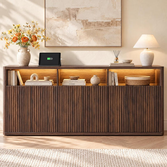 71" Fluted Sideboard Buffet Cabinet with Lights & Outlets, Walnut