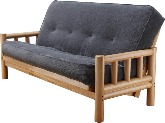 Chalet Complete Futon - Frame and Mattress Set - Log like with Innerspring Full Size Sofa Bed Sleeper (Marmont Thunder)