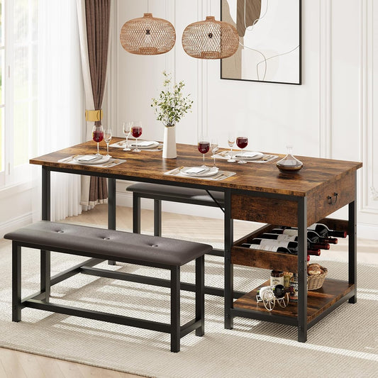 Dining Table Set for 4 with Storage Drawers & Wine Rack, Kitchen Table and Upholstered Benches for Small Spaces, Retro Brown