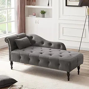 Tufted Upholstered Velvet Rolled Arm Chaise Lounges Indoor Chair, Grey, view 2