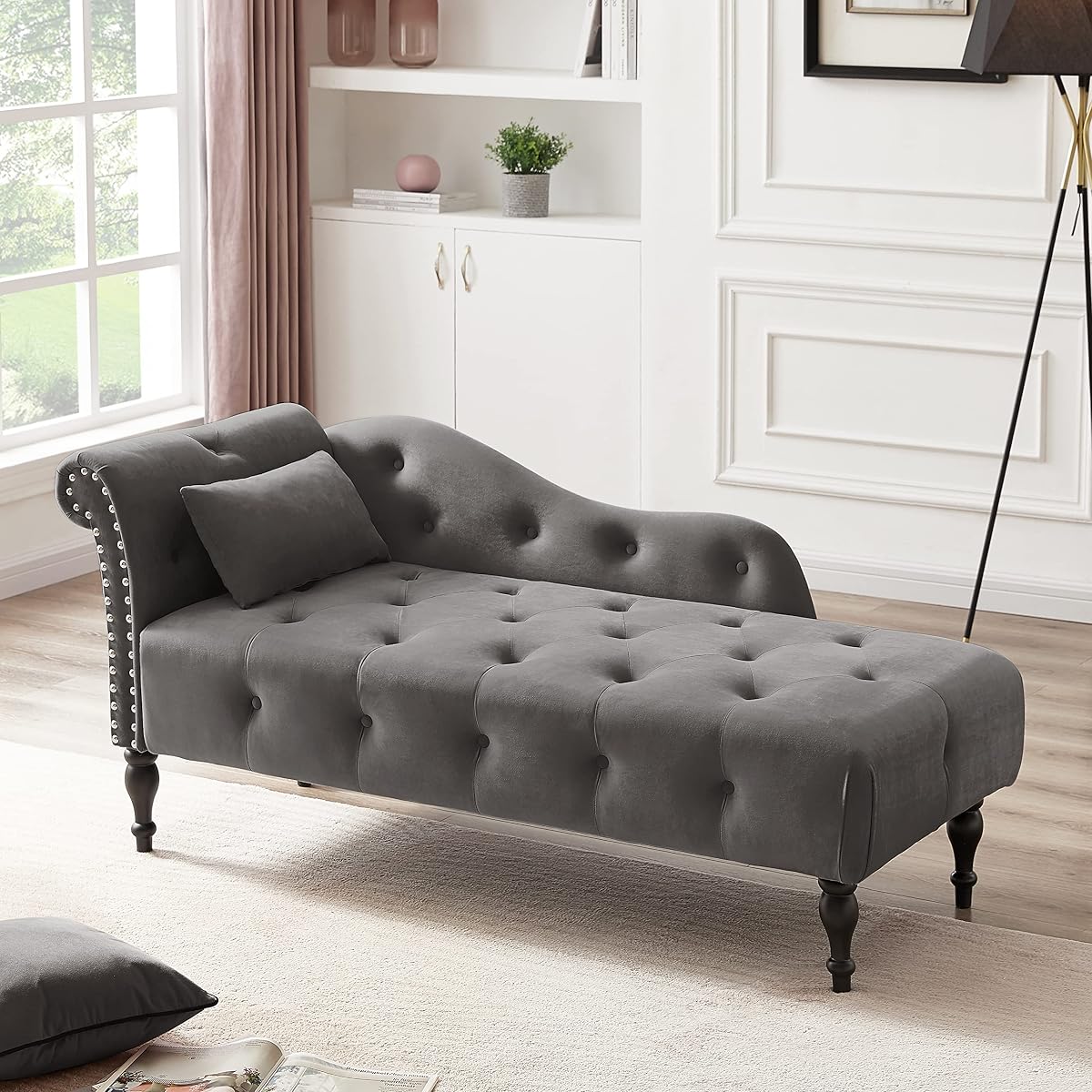 Tufted Upholstered Velvet Rolled Arm Chaise Lounges Indoor Chair, Grey