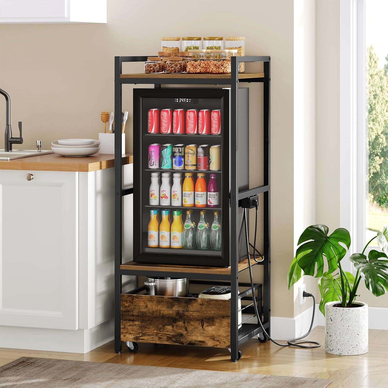 Mini Fridge Stand with Movable Drawer, Microwave Stand with Power Outlet, Mini Fridge Shelf with Adjustable Shelves, Kitchen Bakers Rack for Dorm, Dining Room, Home, Rustic Brown HB05UBR