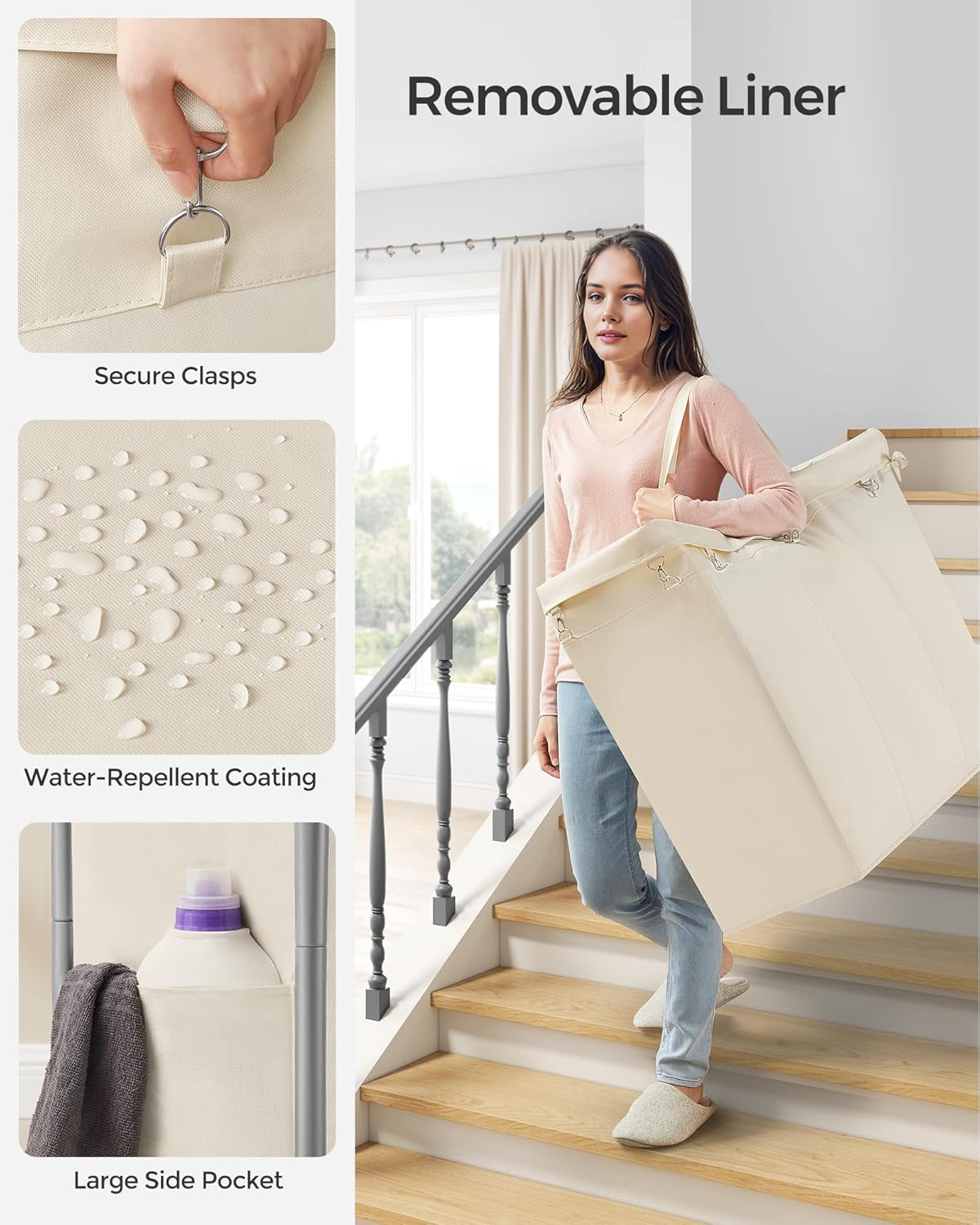 Laundry Basket with Wheels, 3-Section Rolling Laundry Hamper, 52.8 Gallons (200L), Removable Liner, Steel Frame with Handle, Blanket Storage, 35.8 X 15.4 X 31.9 Inches, Cream White URLS005W01