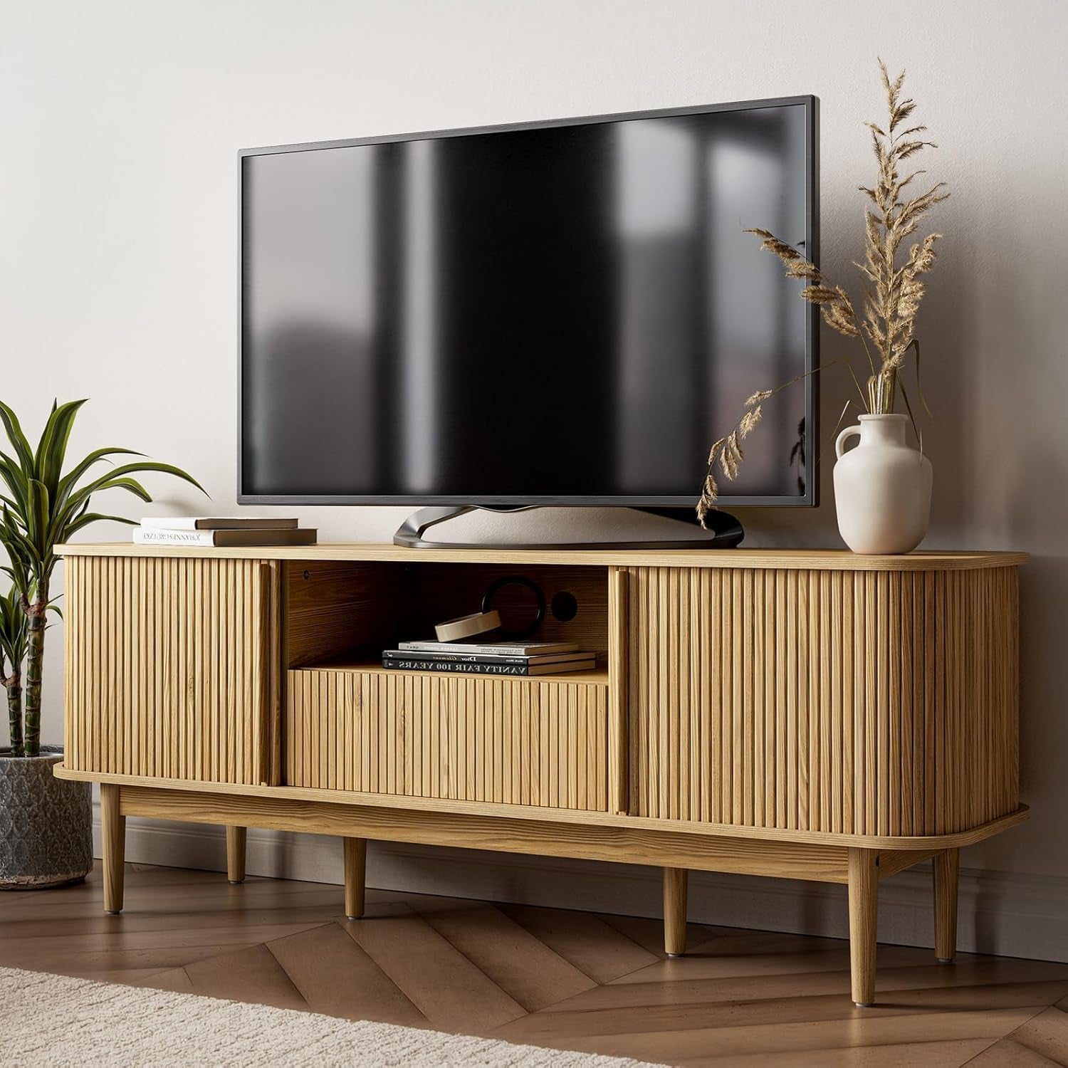 Living Room Table Sets of 2, Fluted Coffee Table & Dresser TV Stand, Coffee Table with Storage, Sliding Doors TV Stand for Living Room (Natural)