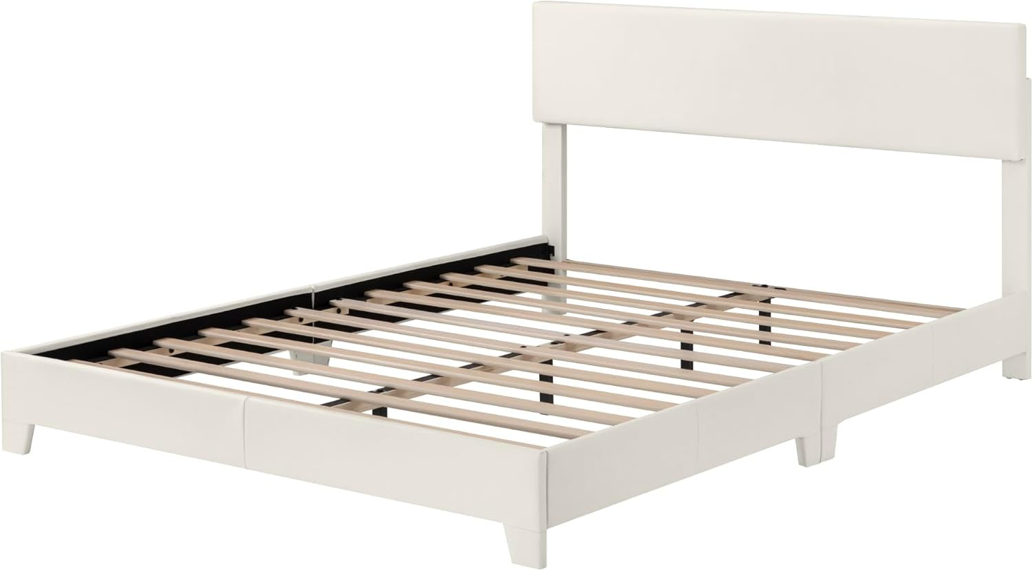 Full Size Bed Frame with Adjustable Headboard, Faux Leather Platform Bed with Wood Slats, Heavy Duty Mattress Foundation, No Box Spring Needed, Noise-Free, Easy Assembly, White