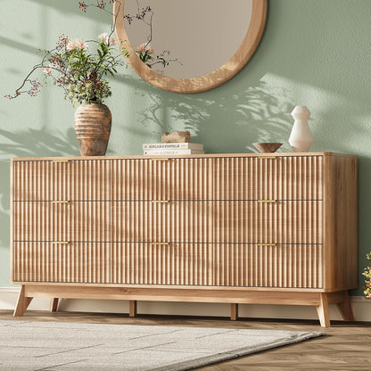 63" Wide Fluted 9 Drawers Dresser for Bedroom,Curved Edge,Oak