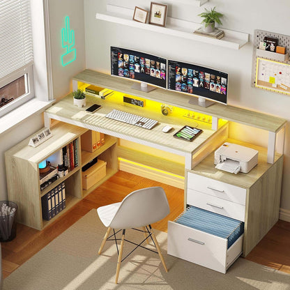 L Shaped Desk with Drawers, 65" Computer Desk with Power Outlets & LED Lights, Corner Home Office Desk with Storage Shelves & Printer Stand, White & Oak