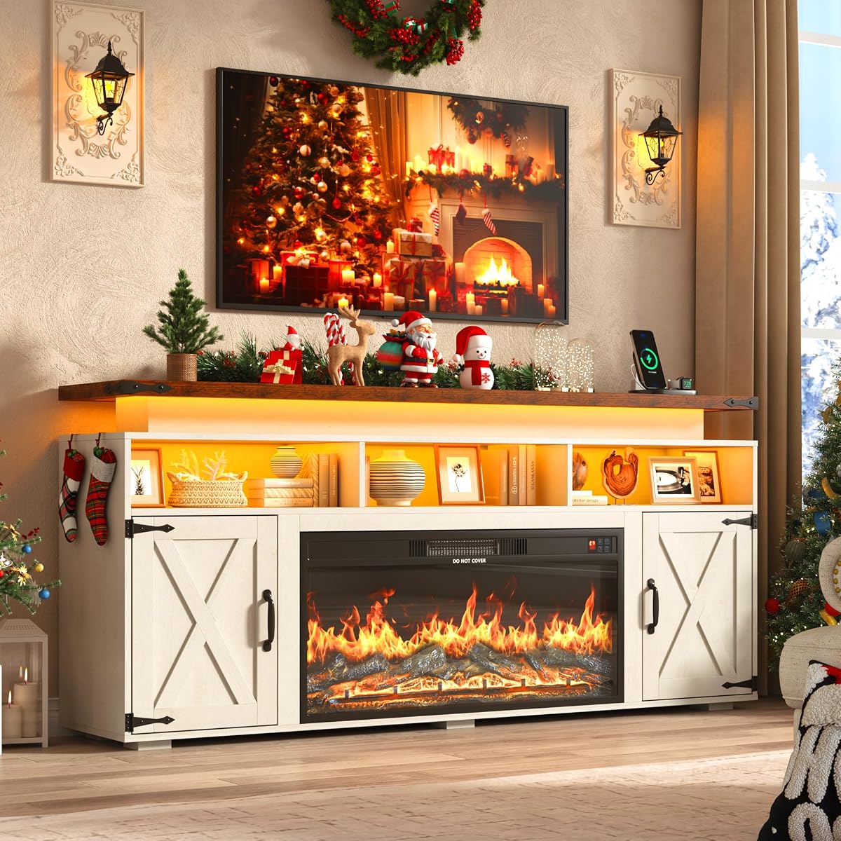 Farmhouse Fireplace TV Stand w/Power Outlet for 75/80 Inch TV