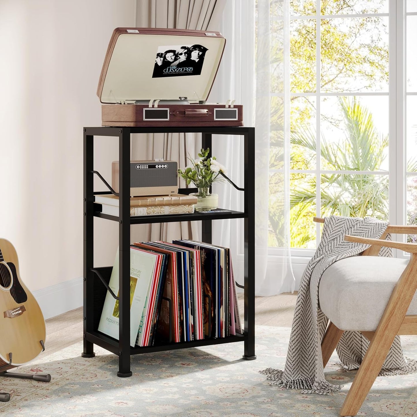 3 Tier Record Player Stand, Retro Vinyl Record Storage End Table Records for Living Room Bedroom (Black)