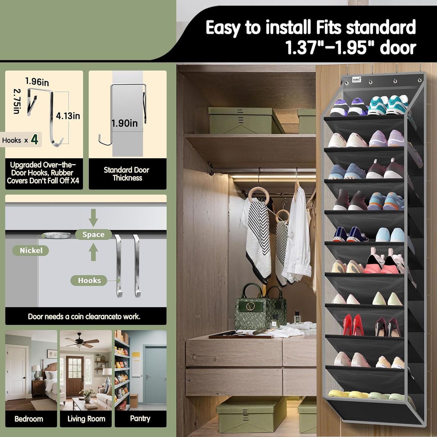 10 Tier over the Door Organizer - Heavy Duty Hanging Storage Rack with Sturdy Oxford Fabric, Holds 20+ Pairs of Footwear, Boots & Sneakers, Saves 50% Closet Space (Black)