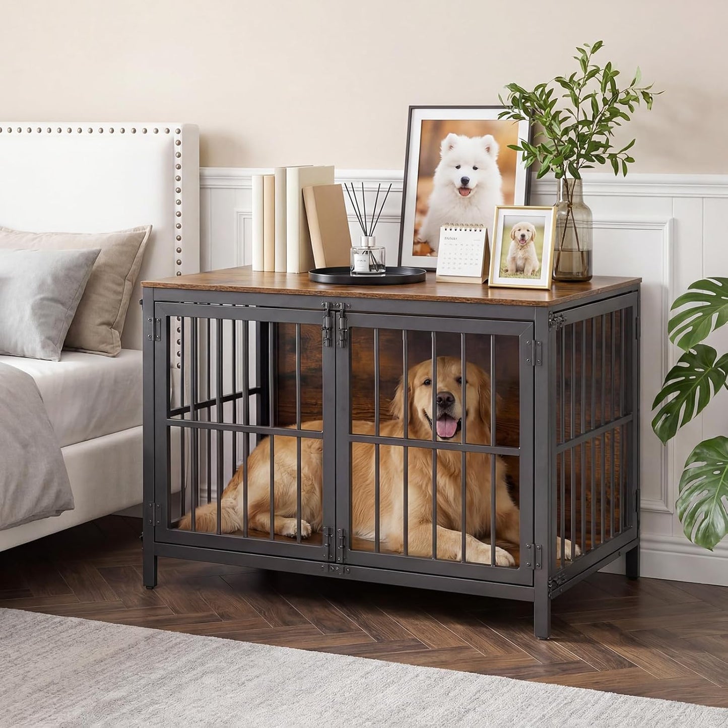 Heavy Duty Dog Crate Furniture, 39.4" Wooden Indoor Kennel with 3 Doors, Chew Resistant Metal Cage for Medium and Large Breeds, Dog Crate Side Table, Black and Rustic Brown BF101GW03