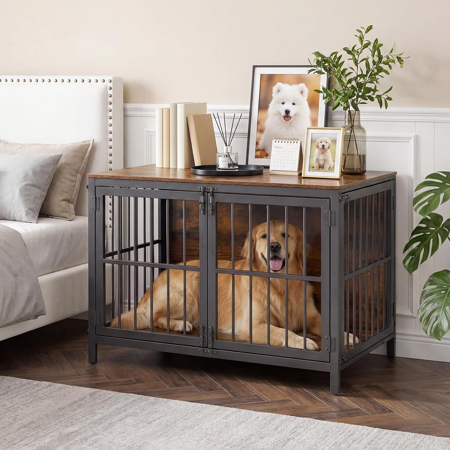 Heavy Duty Dog Crate Furniture, 39.4" Wooden Indoor Kennel with 3 Doors, Chew Resistant Metal Cage for Medium and Large Breeds, Dog Crate Side Table, Black and Rustic Brown BF101GW03
