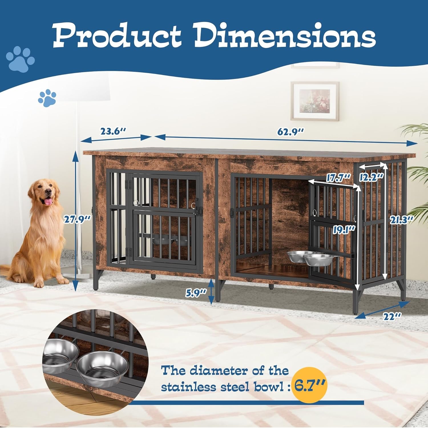 79" Dog Crate Furniture for 2 Dogs, Large Dog Kennel with 360° Rotating Feeder Bowls, Indoor Double Dogs Crates with 4 Doors, Wooden Crate TV Stand with Removable Divider