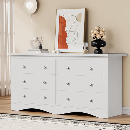 Dresser for Bedroom with 6 Drawers, Modern Chest of Drawers, Wooden Dressers, TV Stand for Living Room,Closet, Hallway (White)
