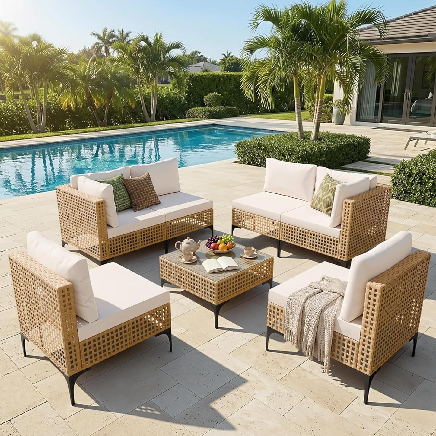Patio Furniture Set,7 Pieces Outdoor Wicker Sectional Couch with Thick Cushions &Glass Tabletop, PE Rattan Backyard Conversation Sofa with Coffee Table for Deck, Porch
