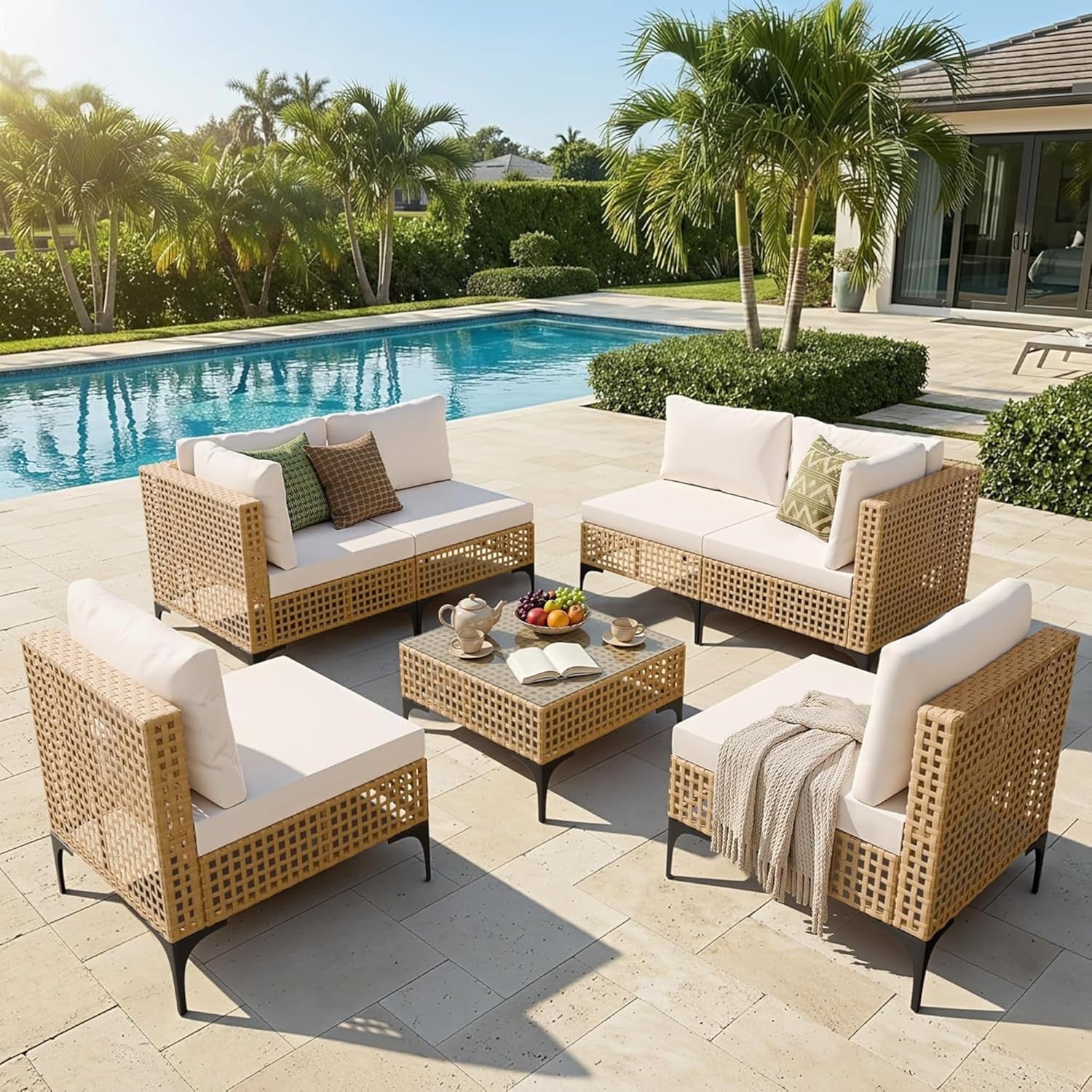 Patio Furniture Set,7 Pieces Outdoor Wicker Sectional Couch with Thick Cushions &Glass Tabletop, PE Rattan Backyard Conversation Sofa with Coffee Table for Deck, Porch