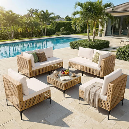Patio Furniture Set,7 Pieces Outdoor Wicker Sectional Couch with Thick Cushions &Glass Tabletop, PE Rattan Backyard Conversation Sofa with Coffee Table for Deck, Porch