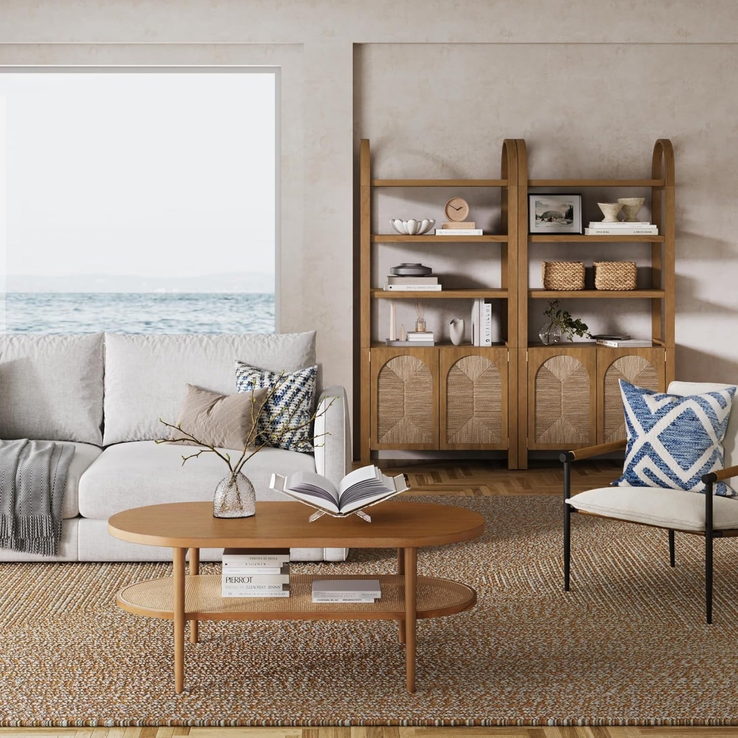 Leah Arched Bookcase, 3-Tier Bookshelf with Storage Cabinet Base, Seagrass Door Fronts and Solid Wood Frame, Light Brown
