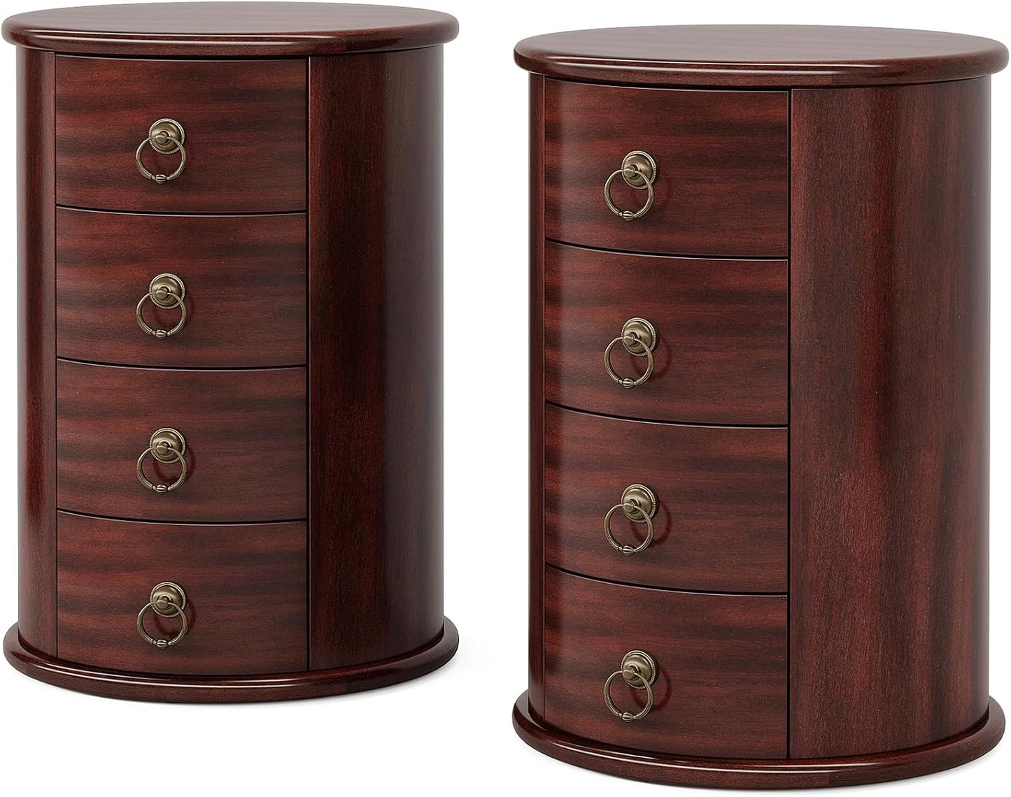 Solid Wood End Table Set of 2, round Side Table with 4 Drawers, Vintage Bedside Table Nightstand for Small Spaces, Living Room, Bedroom, No Assembly Required (2, Cherry Brown)
