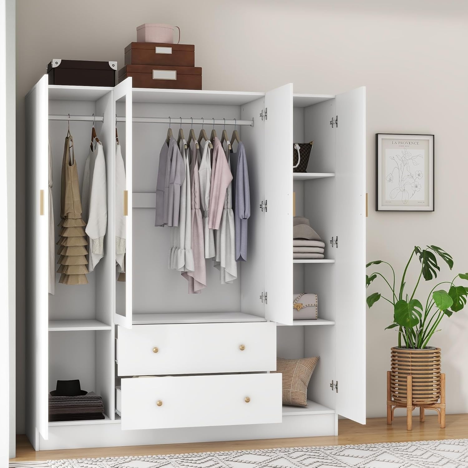 Bedroom Armoires Wardrobe Closet with 4 Doors 2 Drawers and Mirror, Large Shelves Hanging Rods for Bedroom, 62.7" W X 19.7" D X 70.8" H