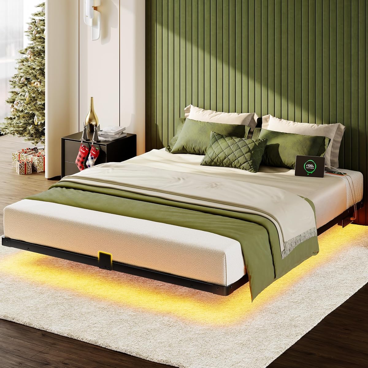 Floating Bed Frame Queen Size, Smart LED Lights & Charging Station