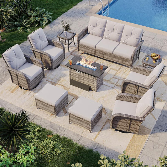 10-Piece Patio Furniture Set with 44” Fire Pit Table, Wicker Rattan Outdoor Sectional Sofa with High Back Swivel Rocker Chairs, Outdoor Patio Furniture Set with Thick Cushions & Ottoman, Grey
