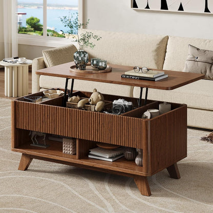 Farmhouse Lift Top Coffee Table, Mid Century Modern Coffee Table with Hidden Storage Compartment, Fluted Rising Pull up Wood Modern Center for Living Room, Office, Walnut