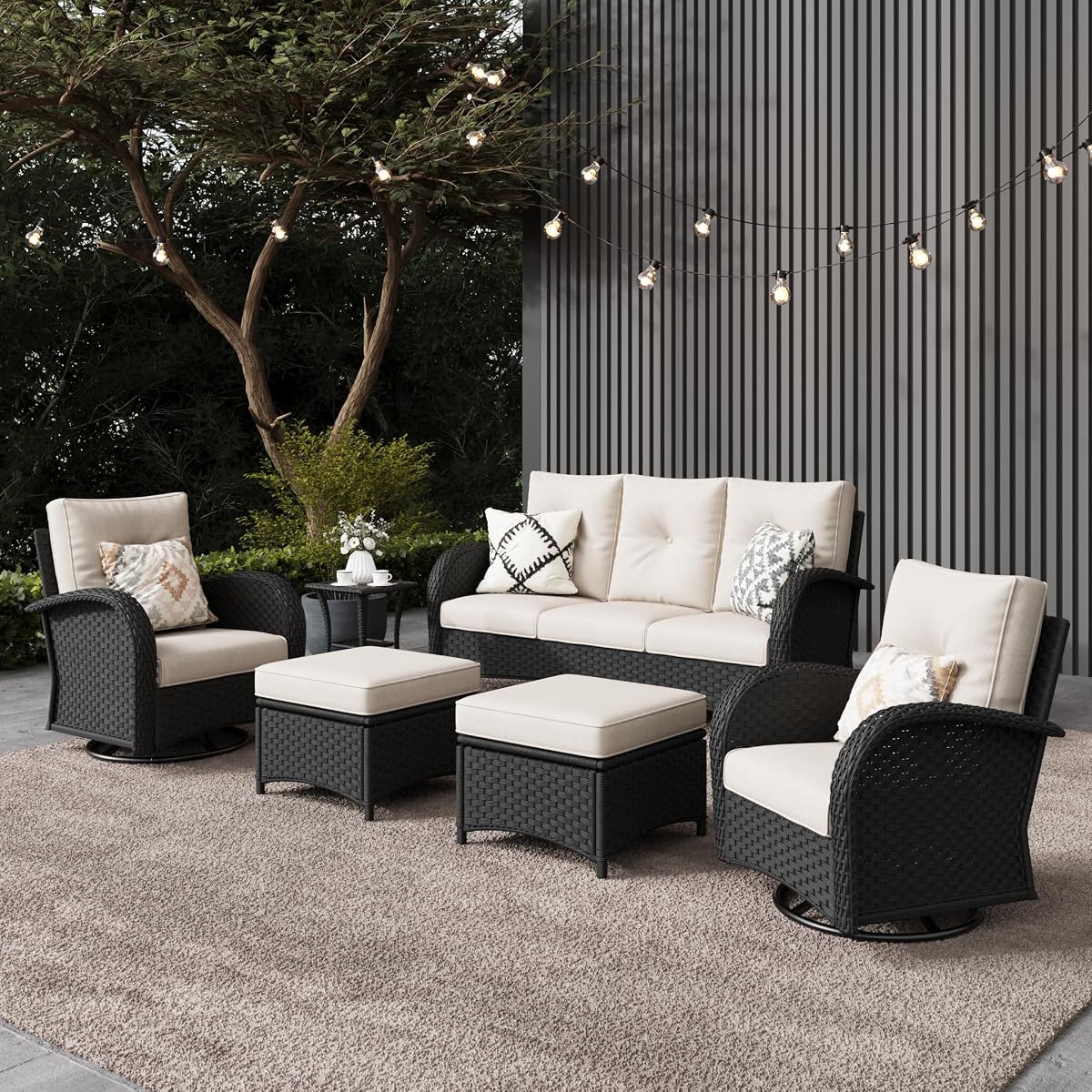 6 Pieces Outdoor Patio Furniture Set, Rattan Wicker Sectional Swivel Rocker Chairs Sets