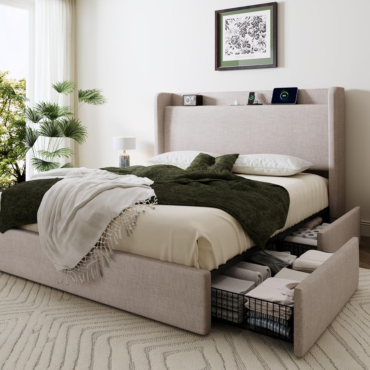 Queen Size Storage Bed Frame with 4 Oversized Drawers
