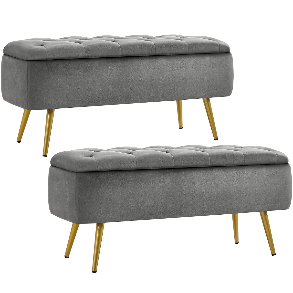 Yaheetech Ottoman with Storage 2pcs, Velvet Entryway Bench with Safety Hinge, Upholstered Bench with Seating for Bedroom, Living Room, Holds up to 519 lb, Gray