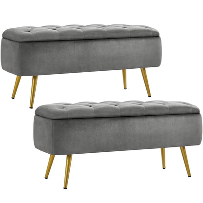 Yaheetech Ottoman with Storage 2pcs, Velvet Entryway Bench with Safety Hinge, Upholstered Bench with Seating for Bedroom, Living Room, Holds up to 519 lb, Gray