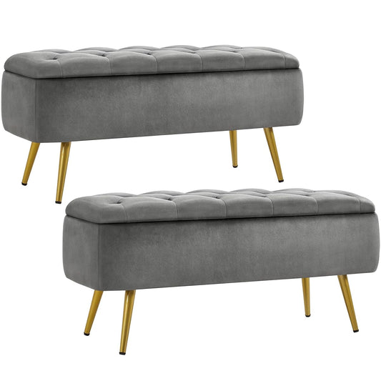 Yaheetech Ottoman with Storage 2pcs, Velvet Entryway Bench with Safety Hinge, Upholstered Bench with Seating for Bedroom, Living Room, Holds up to 519 lb, Gray