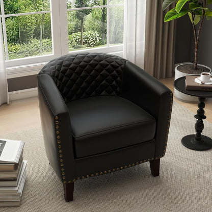 PU Leather Accent Chair, Barrel Club Chair Modern Upholstered Armchair for Living Room, Comfy Nailed Trim Arm Chair Bedroom Reading Seat, Black