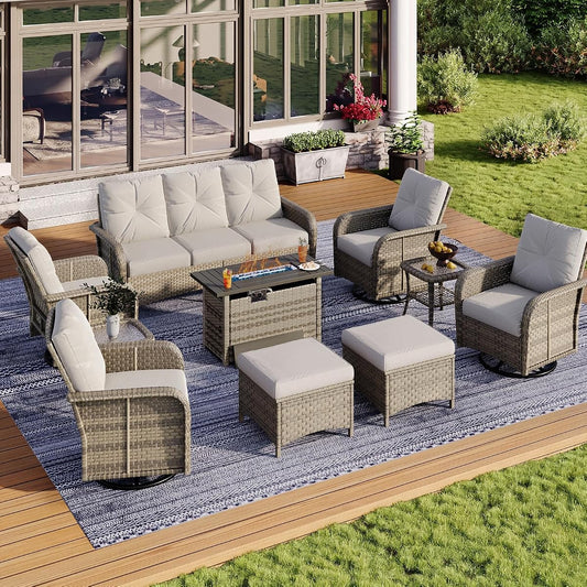 10-Piece Wicker Rattan Patio Furniture Set with 44" Fire Pit Table