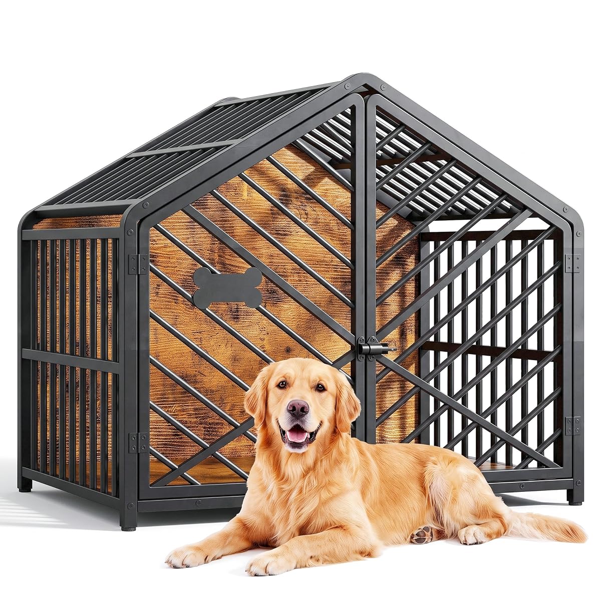 35.4" Dog Crate Furniture with Roof-Shape Frame for Large Dogs