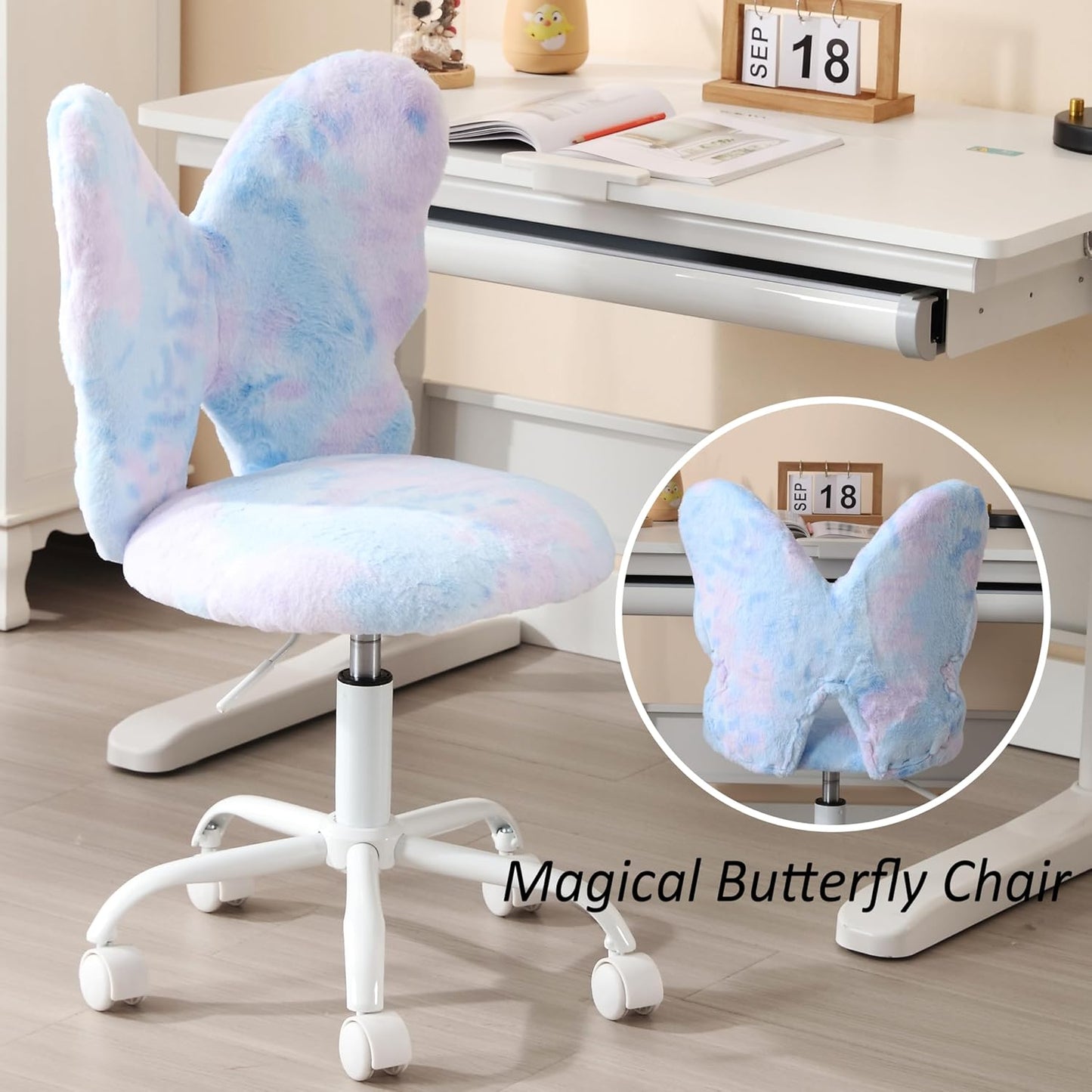 Butterfly Kids Desk & Chair - Adjustable, Swivel, Furry, Blue - Home, Bedroom, School, Dorm