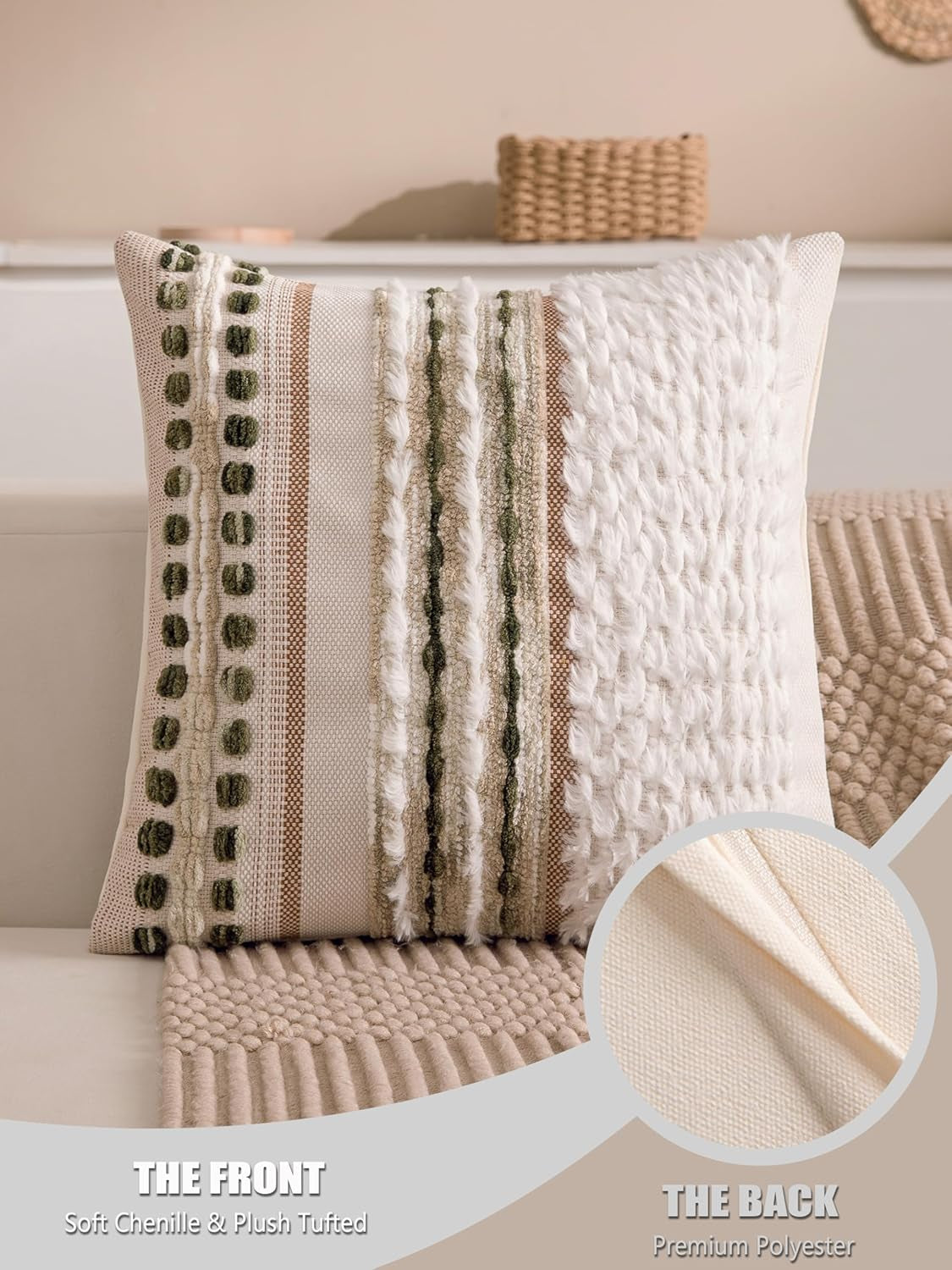 Boho Chenille Tufted Couch Throw Pillow Covers 18X18 Inch Set of 2 Farmhouse Striped Decorative Pillow Covers Accent Neutral Square Pillowcase Green Cushion Covers for Livingroom Sofa Bed
