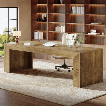 Tribesigns 78.7-Inch Long Computer Desk for 2 People, Farmhouse Executive Desk with Wooden Desktop and Legs, Large Workstations Writing Table Gaming Table for Home Office, Heavy Duty, Brown