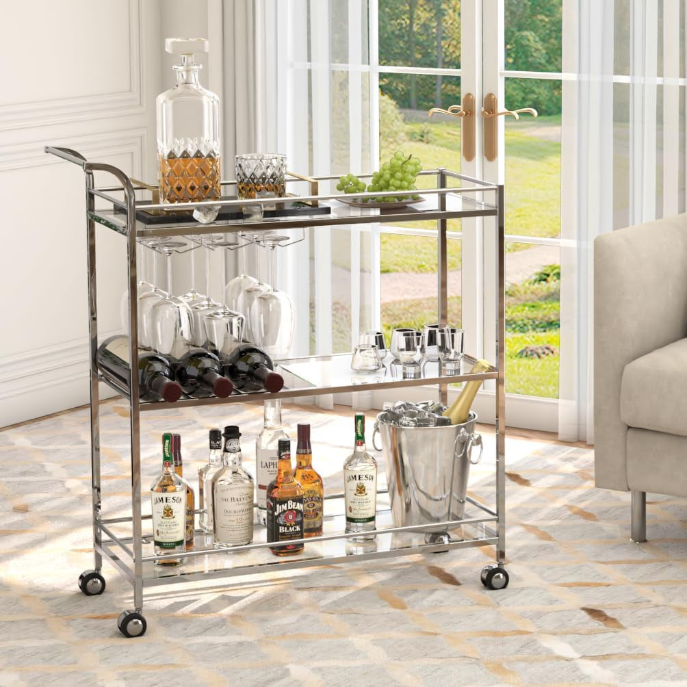Bar Cart Silver, Home Bar Serving Cart, Modern Bar Cart with 3-Tier, Mobile Kitchen Shelf with Wine Rack and Glass Holder, Bar Carts for the Home, Dining Room, Living Room